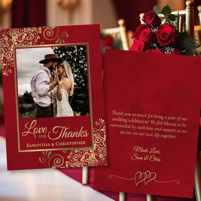 Red & Gold Love & Thanks Photo & Note Wedding Thank You Card | Zazzle