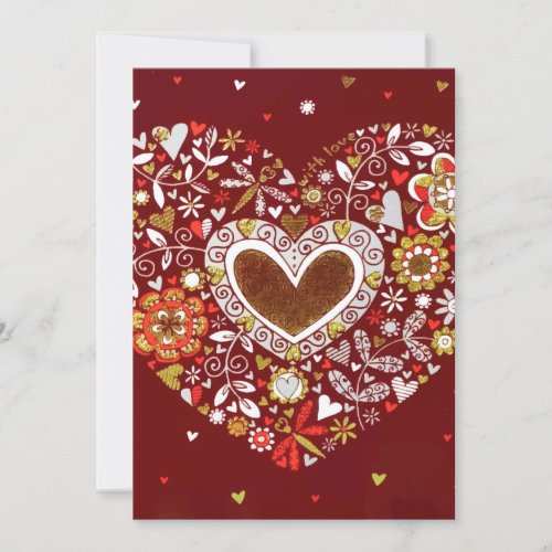 Red Gold Love You Heart Flowers Butterfly Holiday Card