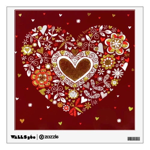Red Gold Love You Heart Flowers Butterfly Wall Decal