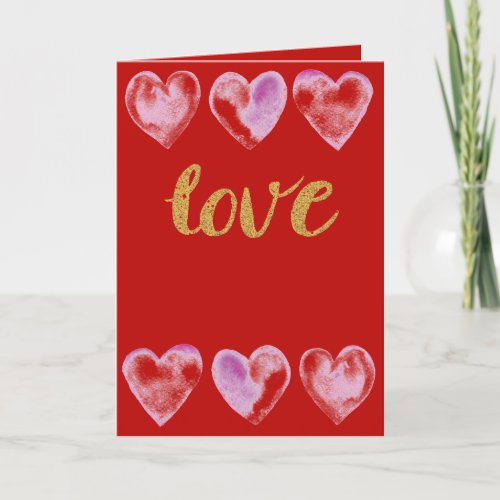 Red  Gold Love You Watercolor Valentines Day Holiday Card