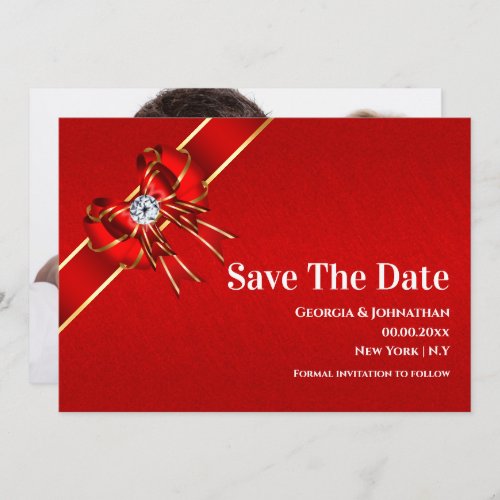 Red gold luxurious bow diamond DIY photo couples Save The Date