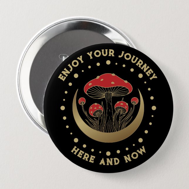 Red & Gold Magic Mushrooms Crescent Moon On Black Button (Front & Back)