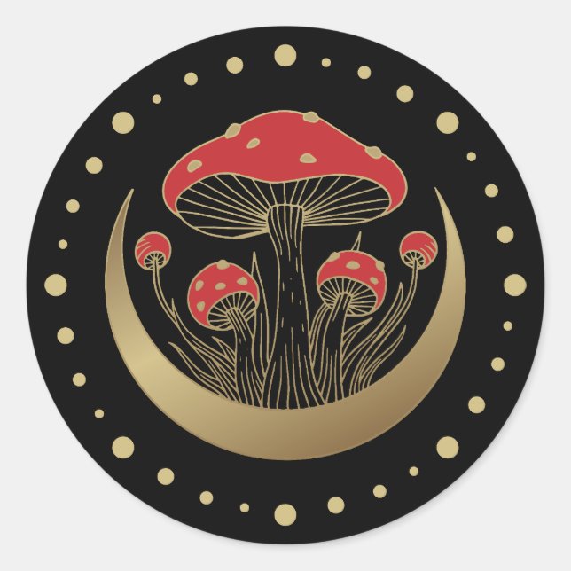 Red & Gold Magic Mushrooms Crescent Moon On Black Classic Round Sticker (Front)