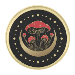 Red & Gold Magic Mushrooms Crescent Moon On Black Gold Finish Lapel Pin