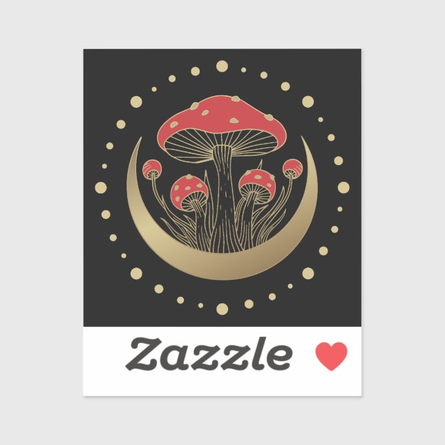 Red & Gold Magic Mushrooms Crescent Moon On Black Sticker (Sheet)