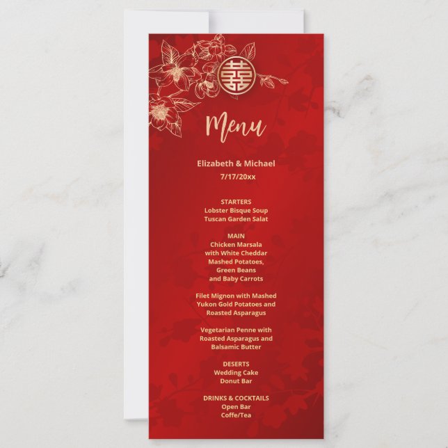 Red Gold Magnolia Chinese Wedding Menu Card (Front)