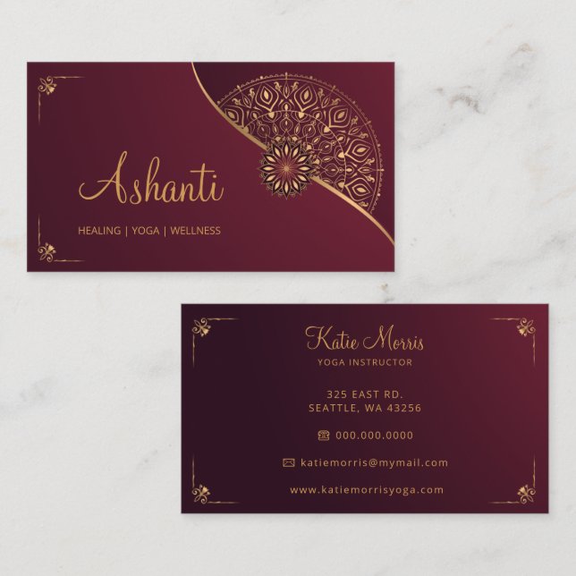 Red Gold Mandala Elegant Yoga Instructor  Business Card (Front/Back)