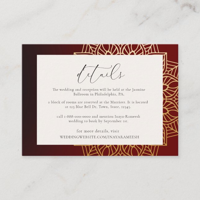 Red Gold Mandala Indian Wedding Enclosure Card (Front)