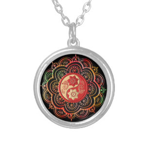 Red & Gold Mandala Silver Plated Necklace