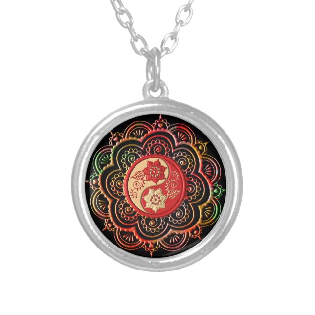 Red & Gold Mandala Silver Plated Necklace (Front)
