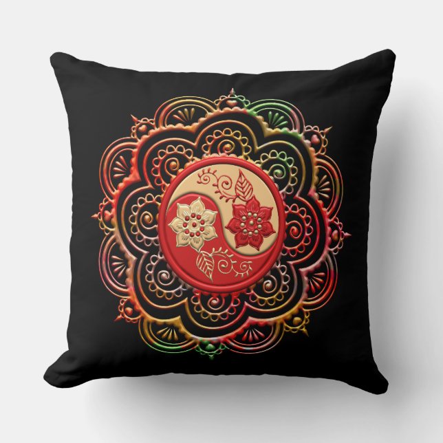 Red & Gold Mandala Throw Pillow (Front)