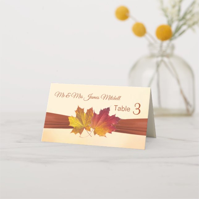 Red & Gold Maple Leaves Wedding  Place Card (Front)