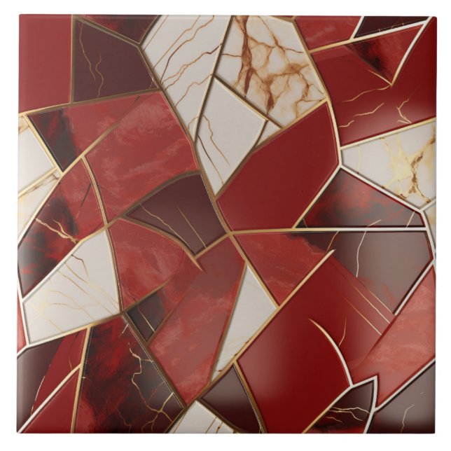Red Gold Marble Abstract Patchwork Ceramic Tile (Front)