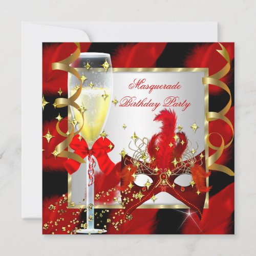 RED Gold Mask Masquerade Party Birthday Invitation