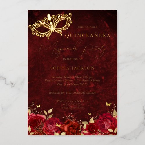 Red Gold Mask Masquerade Party Rose Quinceanera  Foil Invitation