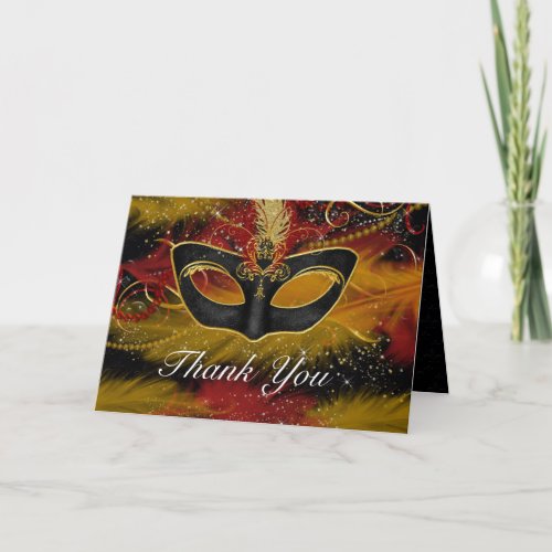 Red  Gold Mask Masquerade Thank You Card