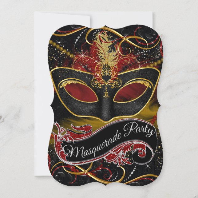 Red & Gold Mask Sparkle Masquerade Invitation (Front)