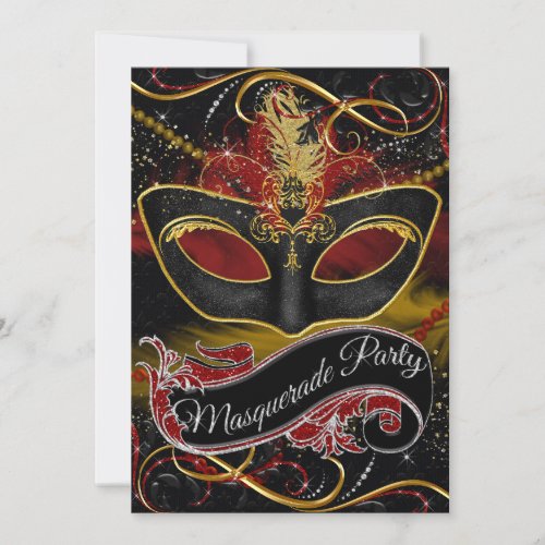 Red  Gold Mask Sparkle Masquerade Invite