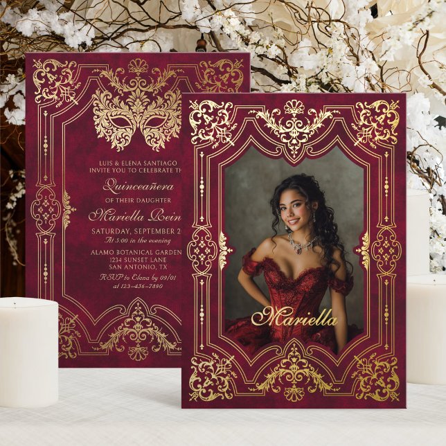 Red Gold Masquerade Photo Quinceanera Foil Invitation (Creator Uploaded)