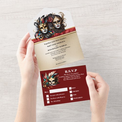 Red gold masquerade wedding carnival face masks all in one invitation