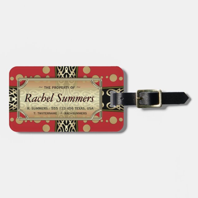 Red Gold Medieval Eastern Fusion Personalized Luggage Tag (Front Horizontal)