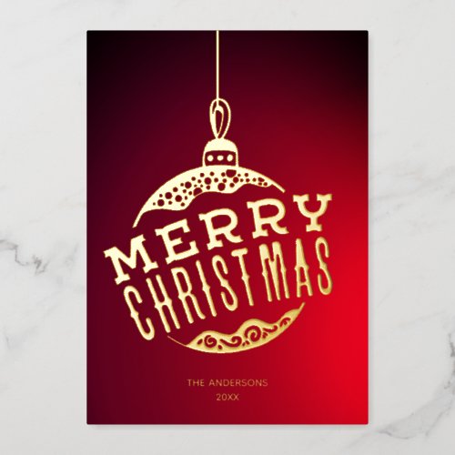 Red Gold Merry Christmas Ball Family Name Xmas Foil Holiday Card