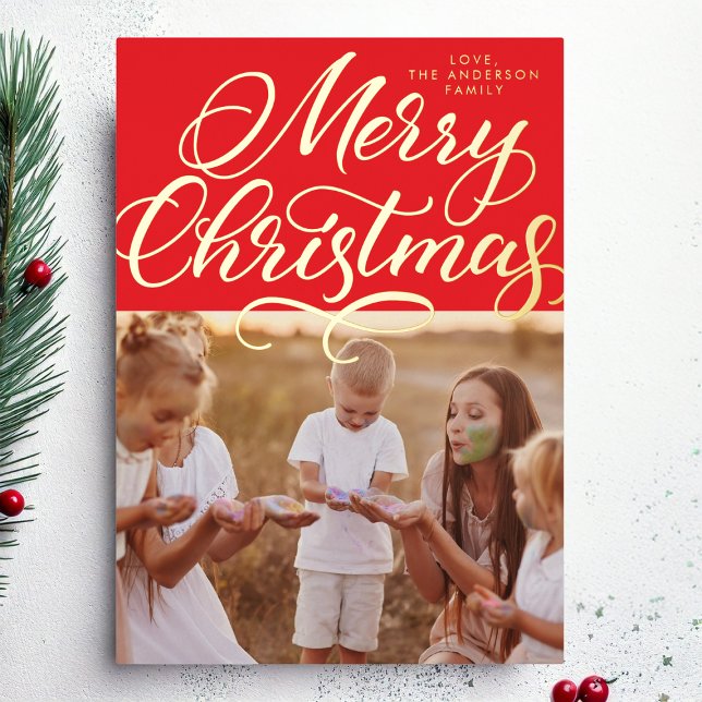 Red Gold Merry Christmas Lettering Photo Foil Holiday Card (Creator Uploaded)