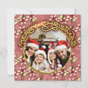 Red & Gold Merry Christmas Poinsettia Modern Photo Holiday Card