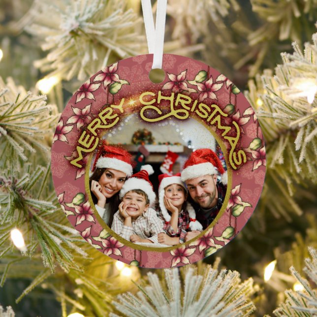 Red & Gold Merry Christmas Poinsettia Modern Photo Metal Ornament (Insitu)