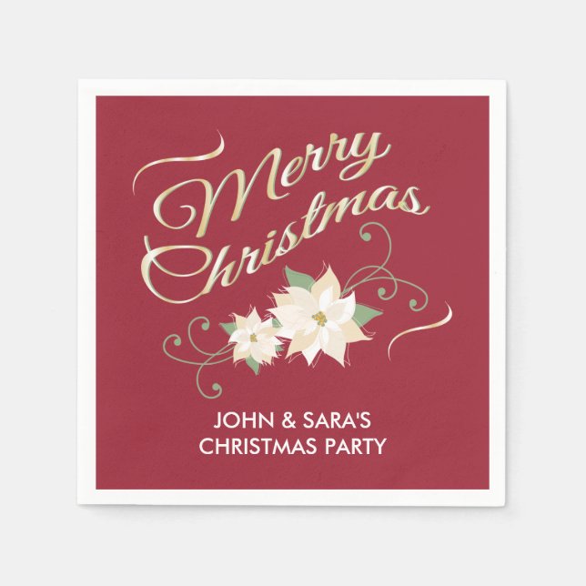 Red & Gold Merry Christmas & White Poinsettias Napkins (Front)