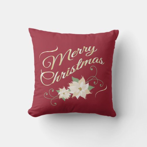 Red  Gold Merry Christmas  White Poinsettias Throw Pillow