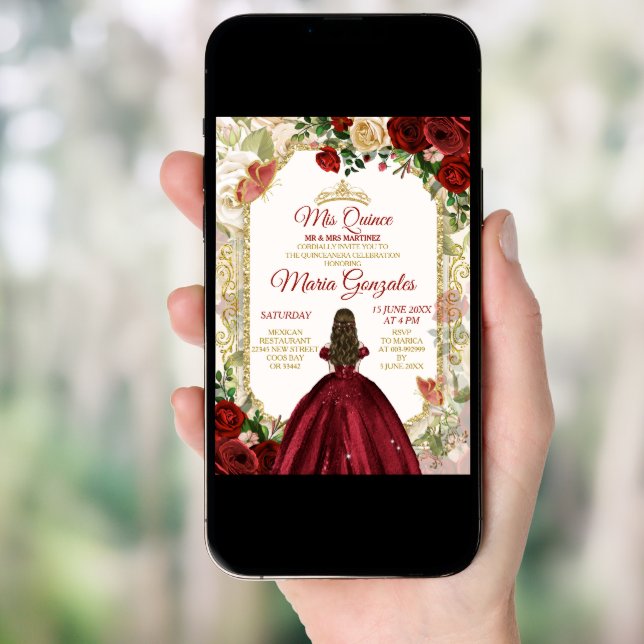 Red & Gold Mexican Mis Quince XV Anos Butterfly Invitation (Front Digital)