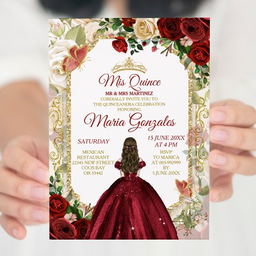 Red  Gold Mexican Mis Quince XV Anos Butterfly Invitation