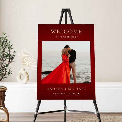 Red  Gold Minimalist Photo Wedding Welcome Sign