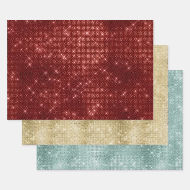 Red Gold Mint Sparkle Wrapping Paper Sheets (Set)