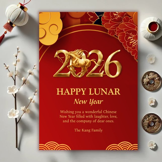 Red Gold Modern 2026 Horse Chinese Lunar New Year Holiday Card (Red Gold Modern 2026 Horse Chinese Lunar New Year Holiday Card)
