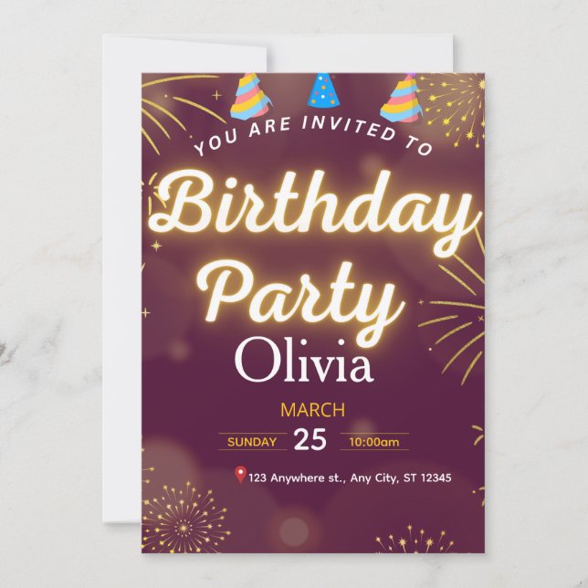 Red & Gold Modern Birthday Party Invitation  (Front)