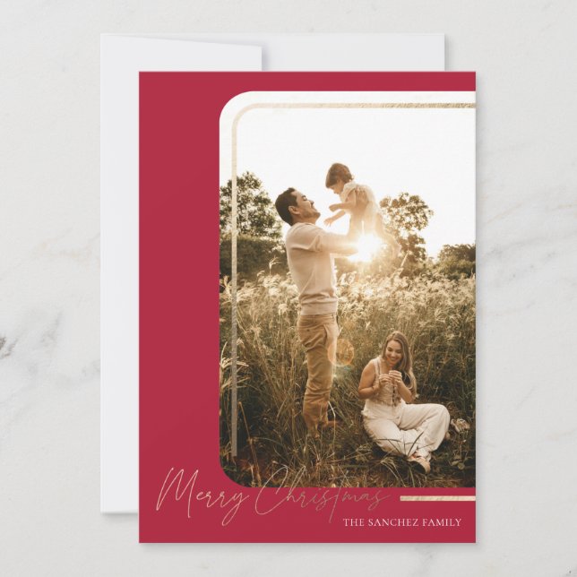 Red Gold Modern Border Photo Christmas Card  (Front)