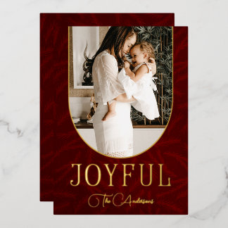 Red Gold Modern Botanical Arch Joyful Photo Foil Holiday Card