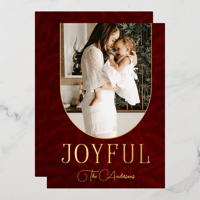Red Gold Modern Botanical Arch Joyful Photo  Foil Holiday Card (Front/Back)