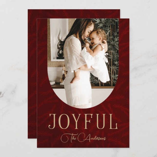 Red Gold Modern Botanical Arch Joyful Photo   Holiday Card (Front/Back)