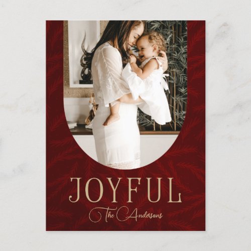 Red Gold Modern Botanical Arch Joyful Photo  Holiday Postcard