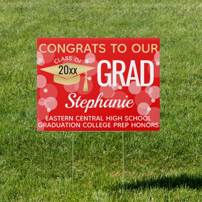 Red Gold Modern Bubbles Congrats Graduation Yard Sign (Insitu)