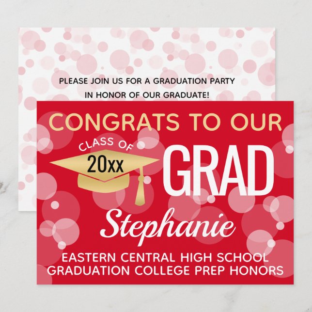 Red Gold Modern Confetti Bokeh Bubbles Graduation Invitation (Front/Back)