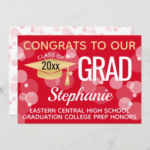 Red Gold Modern Confetti Bokeh Bubbles Graduation Invitation