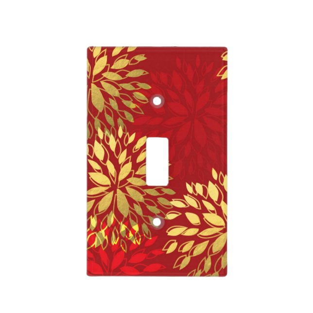 Red Gold Modern Flowers Floral Light Switch Cover (Front)