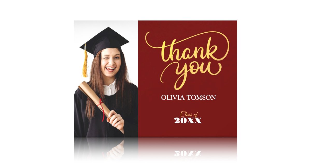Red & Gold Modern Graduation Thank You Photo Card | Zazzle