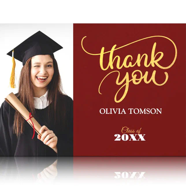 Red & Gold Modern Graduation Thank You Photo Card | Zazzle