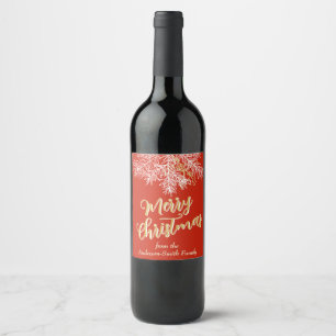 Red Gold Modern Simple Elegant Christmas Botanical Wine Label