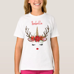 Red & Gold Monogram Christmas Unicorn Reindeer T-Shirt
